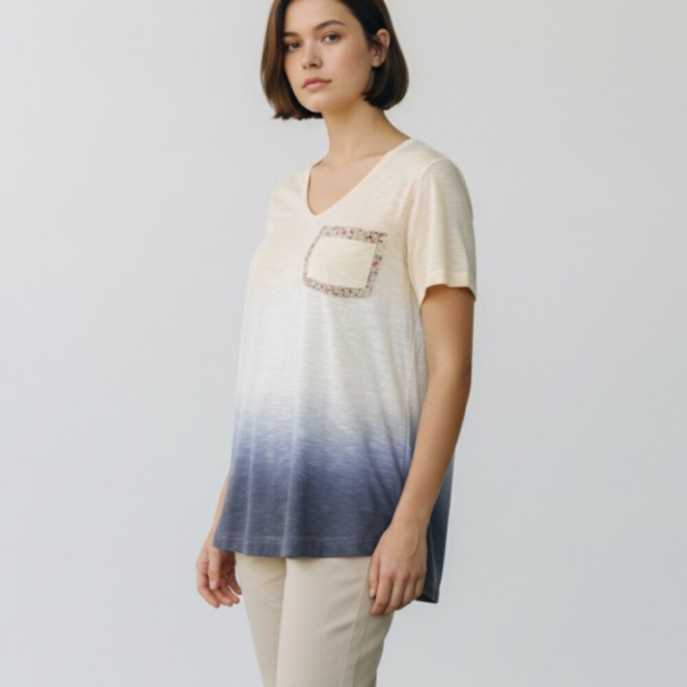 POL Boutique Cream Blue Ombre Lightweight Top Embellished Pocket Tee Shirt Large